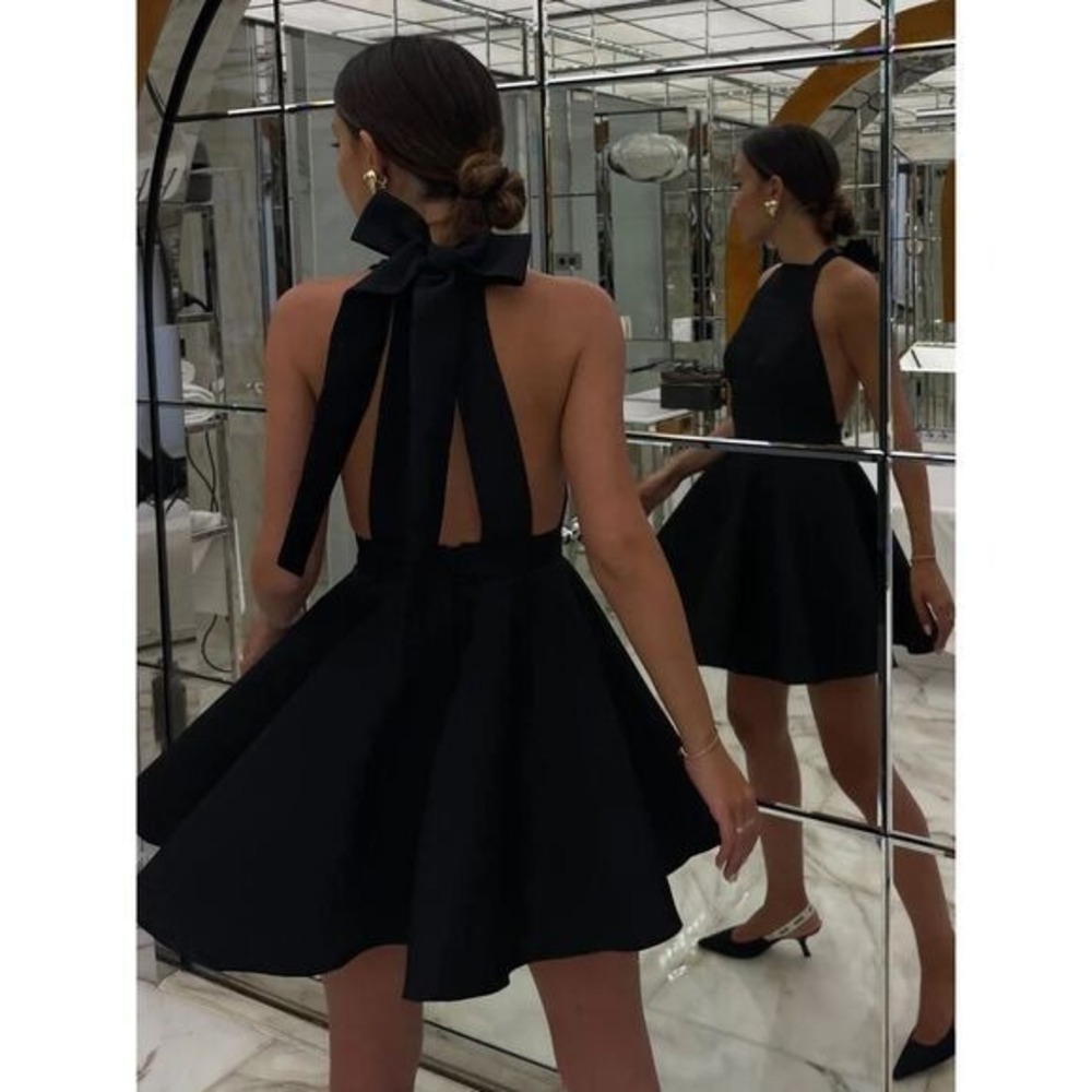 Commense Black Halter Mini Dress with Back Bow